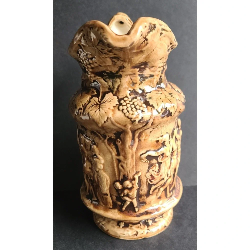 Vintage Ceramic Bacchus Relief Pitcher Figures Dancing‎ Scene Majolica Signed